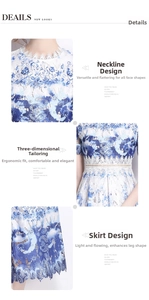 Detailed close-up of blue and white floral water-soluble lace fabric on a luxury midi dress