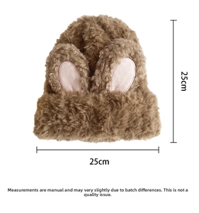 Brown fluffy knit hat with rabbit ears and size dimensions 25cm by 25cm showing