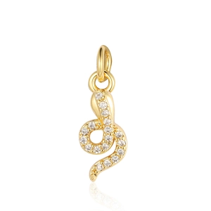 Detail shot of a gold serpent pendant with clear cubic zirconia inlay and top ring loop