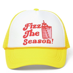 Yellow and white trucker hat featuring Fizz The Season print and breathable mesh back