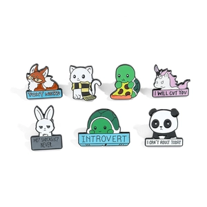 Set of 7 cartoon animal enamel pins featuring fox and panda with funny slogans