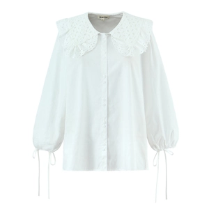 Blusa blanca vintage de manga larga con cuello Peter Pan bordado y calados
