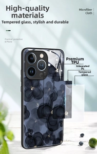 Exploded view of ink flower iPhone case showing tempered glass, PC, and TPU layers