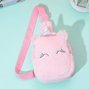 Pink plush unicorn chest bag for girls with embroidered lashes and glitter horn