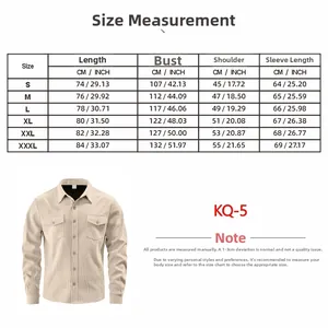 Size chart for men's corduroy shirt showing measurements in CM and INCH from S to 3XL