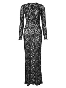 Slim fit black lace long sleeve maxi dress with floral hollow patterns and round neck