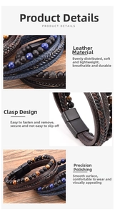 Macro detail of men's multilayer braided leather bracelet with tiger eye beads and matte clasp