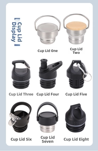 Close-up of 8 assorted replacement lids for stainless steel outdoor sport water bottles