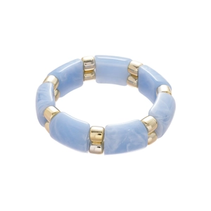 Blue marble resin beads elastic bracelet with gold metal spherical spacers for women