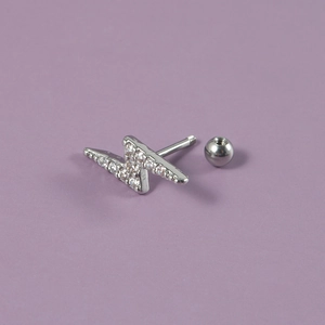 Silver lightning bolt ear stud with white zircon and stainless steel screw back ball