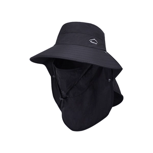 Cappello da pesca nero con tesa larga, maschera rimovibile e protezione per il collo