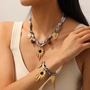 Vintage ink wash ribbon necklace and bracelet set with golden heart and palm charms