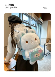 Detail of soft white plush rabbit backpack with a gradient blue-pink zipper pocket