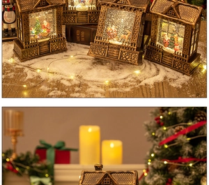 Detail of vintage Christmas lantern with LED snow house and swirling glitter effect
