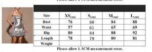 Size chart for silver sequin mini dress with bust waist and hip measurements in cm