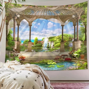 Detailed close-up of landscape tapestry featuring a European garden garden gazebo and waterfall