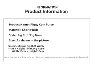 Size chart showing plush pig coin purse dimensions in soft short plush fabric material