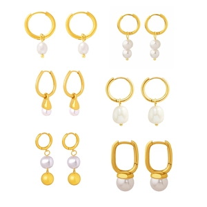 6-pair set of 18k gold plated stainless steel hoop earrings with pearls and matte gold beads