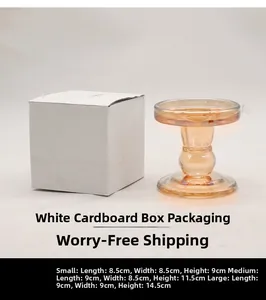 Amber glass candle holder with white packaging box and detailed dimensions overview