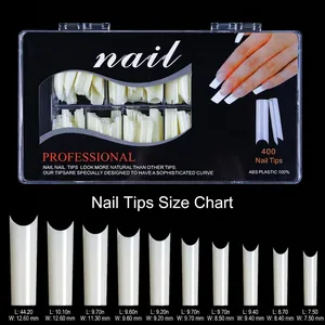 Detailed size chart for extra long stiletto nail tips showing 10 various dimensions