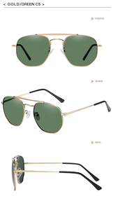 Three-way view of polarized sunglasses with gold metal frame and green lenses in model C5