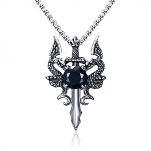 Retro stainless steel dragon sword necklace with a black round gemstone pendant