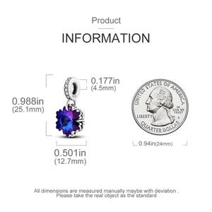 Diagramme technique détaillé d'une breloque flocon bleue avec dimensions précises en pouces