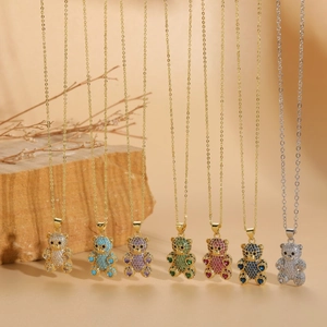 Teddy Bear Pendant Necklace Copper 14K Gold Plated Colorful Cubic Zirconia Heart Dainty Jewelry Gift For Women