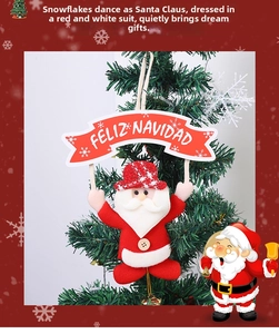 Detail of plush Santa Claus ornament holding a Feliz Navidad banner for Christmas tree decor