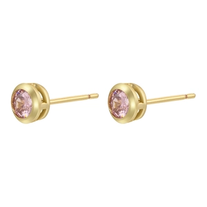 Detailed close-up of 18K gold plated stud earrings with pink round zircon bezel setting