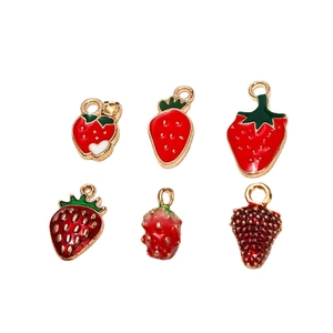 DIY strawberry charms in 6 red alloy designs for handmade jewelry and hair accessories