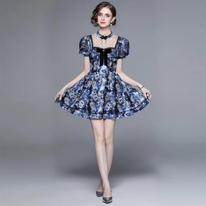 Blue floral mini dress with puff sleeves, lace collar, bow and pearl button details