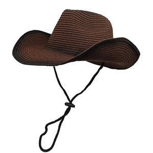 Brown gradient straw sun hat with adjustable chin strap and wide brim for beach style