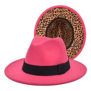 Fuchsia wool wide-brim fedora hat with elegant ribbon and leopard print lining
