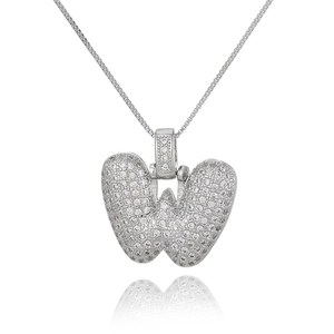 Macro shot of silver letter W balloon pendant with shimmering pavé zircon details