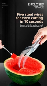 Close-up of stainless steel watermelon slicer showing five sharp wires and curved cutting blade