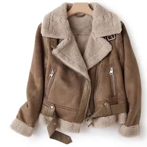 Veste de motard en daim marron avec doublure épaisse en laine d'agneau et col à revers