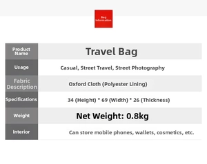 Size specifications table for large Oxford fabric travel duffel bag showing 69x34x26cm details