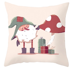 Detail of Christmas gnome pillowcase featuring Nordic dwarf and mushroom print