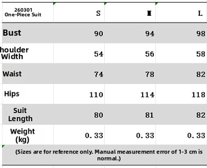 Size chart for women's padded shoulder jumpsuit including bust, waist, and hip measurements