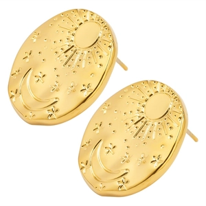Detail of gold oval stud earrings featuring sun moon and stars relief in 304 stainless steel