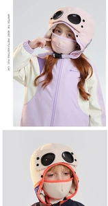 Detail of children's fleece aviator hat featuring goggles and warm face mask