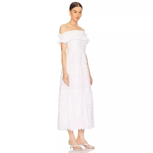 Elegant Women Off Shoulder Ruffle Tiered Maxi Dress Solid Color Hollow Out Embroidery Slit Long Banquet Party Summer Dress