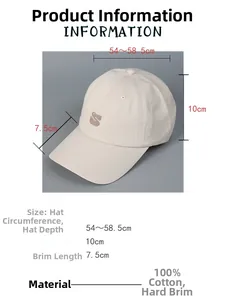 Size chart showing 100% cotton baseball cap dimensions and detailed measurements