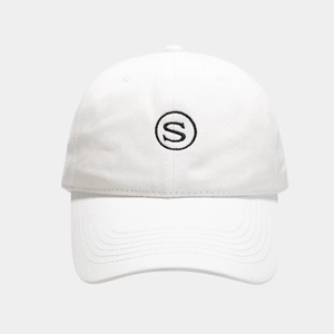 Close-up of white cotton baseball cap with black embroidered S-letter logo detail