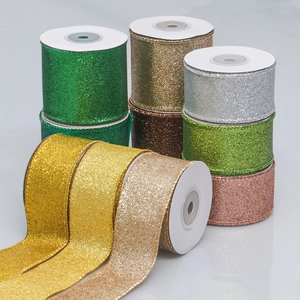 Close-up of sparkling glitter ribbons with elegant overlock edges for DIY gift wrapping