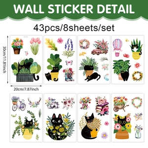 Cartoon black cat and floral wall sticker set with 43 pieces for home wall decoration