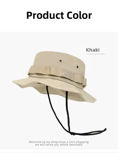 Detail of khaki outdoor bucket hat showing quick-dry fabric and adjustable chin strap