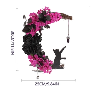 Macro detail of crescent moon cat wreath with black roses and 30x25cm size markings