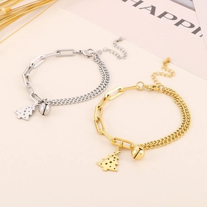 Minimalist stainless steel Christmas tree and bell charm bracelets in gold and silver